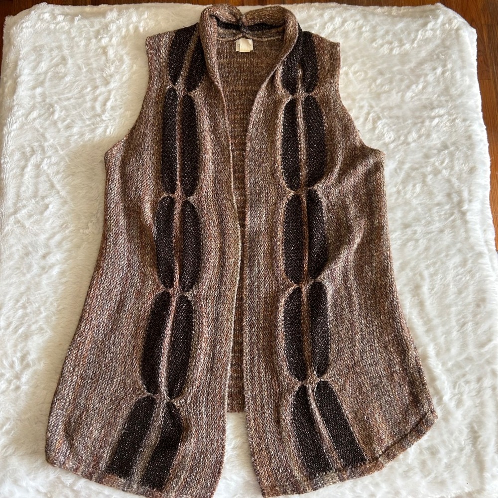 Chico's Size 2 Sweater Vest Womens L Brown Metallic Knit Open Front Earthy Boho